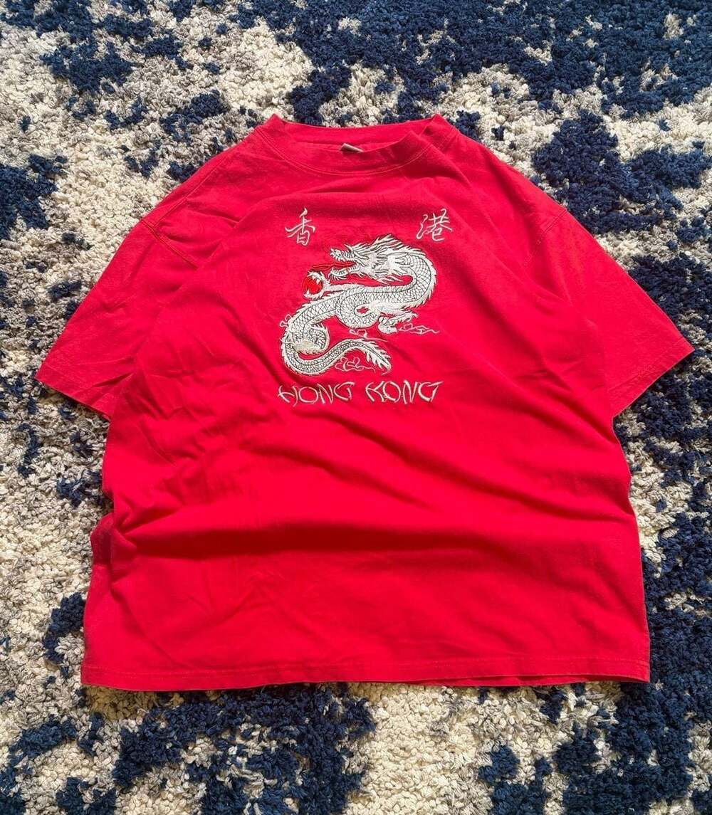 Vintage Red Hong Kong Dragon Embroidered T-Shirt Size XXL
